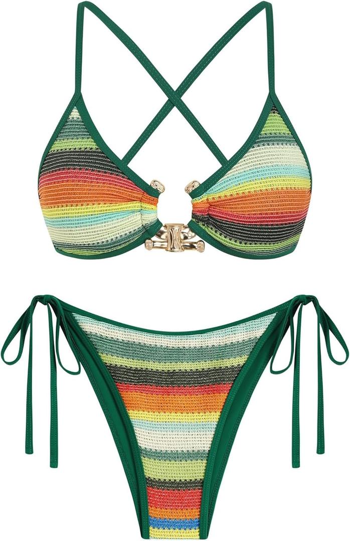 ZAFUL Women's Sexy Cutout Bikini Set High Cut Textured Metal Ring Cheeky Swimsuit Two Piece Bathing Suit (Medium, Green-0508)
