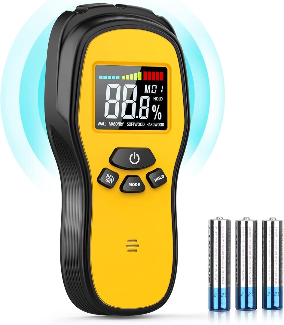 Pinless Moisture Meter - Povlen Wood Moisture Meter Digital Moisture Detector for Lumber Drywall Firewood Masonry Woodworking Plaster Floor Concrete Building with LCD Display Sound Alarm (Black Orange)