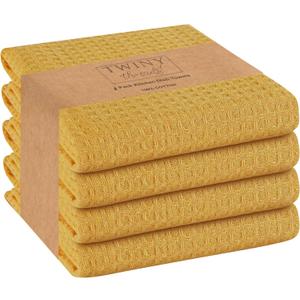 TWINY threads Kitchen Towels Set of 4, 100% Soft Cotton Waffle Weave Dish Towels with Hanging Loop, Reusable for Table Cleaning, Dinning, Parties - 16"x26" - Mustard Yellow