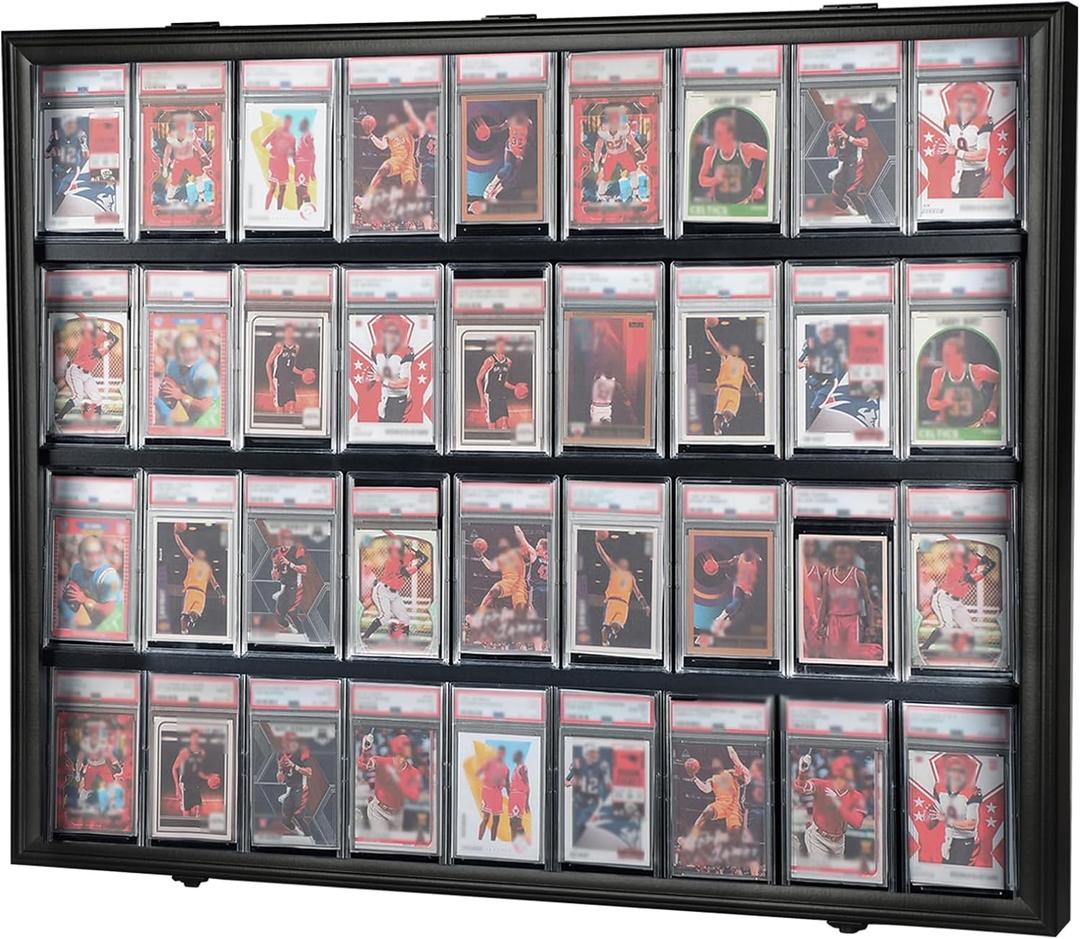 Baseball Card Display Case 36 Graded Sport Card Display Case Wall Mount with Clear View and UV Protection Acrylic Door for Baseball Football Basketball Hockey Trading Card Collection, Black (36-Horizontal-Black 1 Pack With Blacklock)