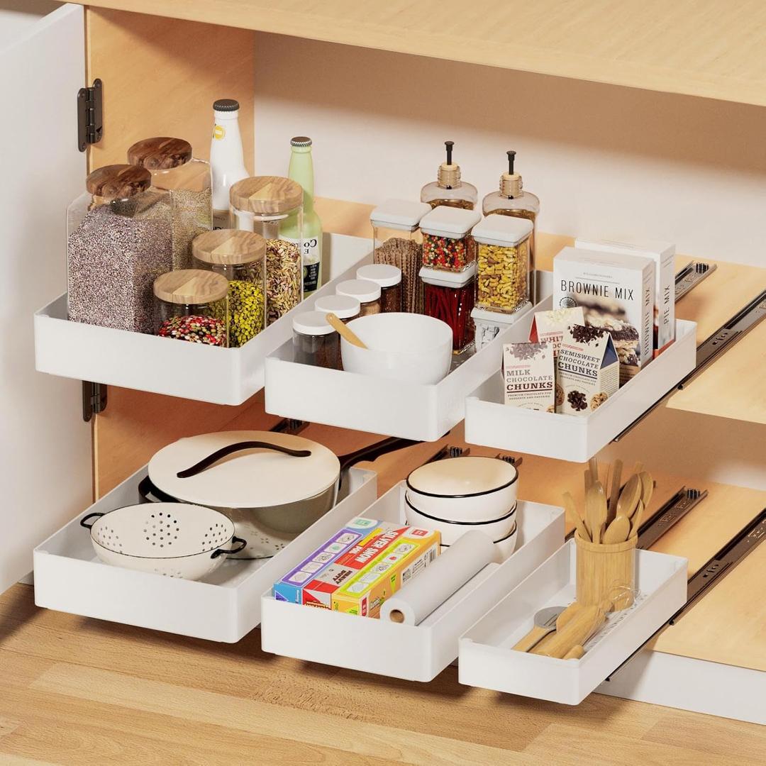 Creahaus 3 Pack Pull Out Drawers for Cabinets with Metal Slides, Easy to Install Cabinet Roll Out Shelves, Smooth Slide Out Drawers for Kitchen Cabinets with Nano Adhesive