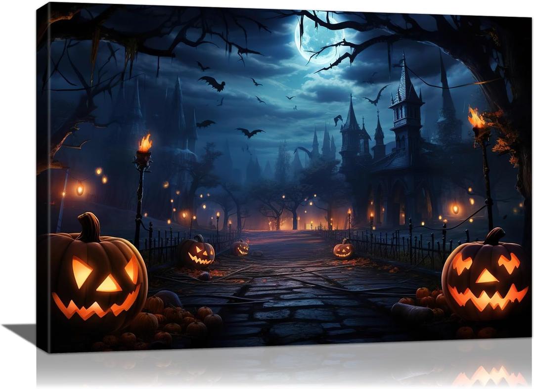 vandlife Halloween Home Decoration Dark Blue Ghost Castles Canvas Wall Art Smiling Creepy Pumpkin Lantern and Bats Flying Under the Moon Framed Poster Decor for Living Room Bedroom 24x16in