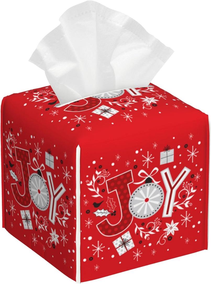 Snowflake Tissue Box Holder Merry Christmas Joy Words Tissue Box Cover Square Leather Tissue Holder Organizer Portable Decorative Facial Paper Case for Home Office Bathroom Vanity Countertop