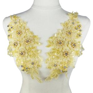 1 Pair 3D Embroidered Lace Sew on Rhinestone Beaded Sequins Flower Patch Applique for Clothing Wedding Dress Applique Decor 12.6 x 6 Inch, Yellow