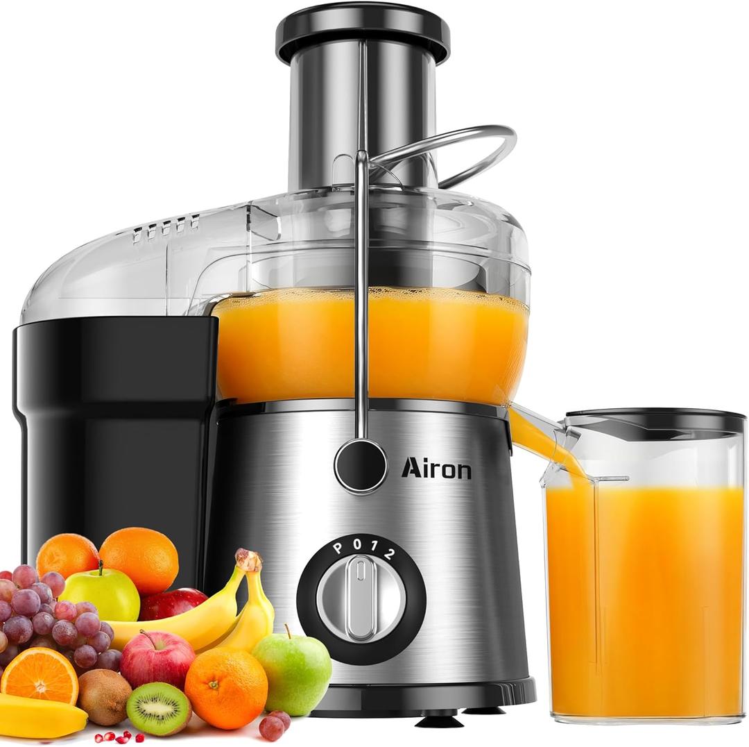 Juicer Machine, Airon Centrifugal Juicer Extractor, Max Power 800W, 3" Wide Feed Chute for Fruit Vegetable, Juice Maker with 3-Speed Setting, High Juice Yield, Easy to Clean, Stainless Steel, BPA Free (Black+Sliver)