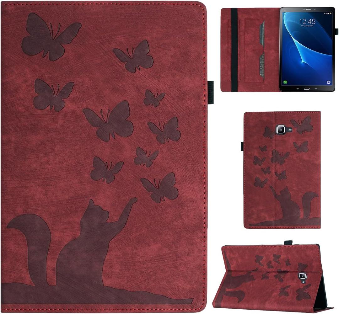 Case for Samsung Galaxy Tab A 2016 10.1 (SM-T580/ T585) PU Leather Convenient Stand Feature Shockproof Protection Flip Cover Butterfly Cat Pattern Case Galaxy Tab A6 - Red