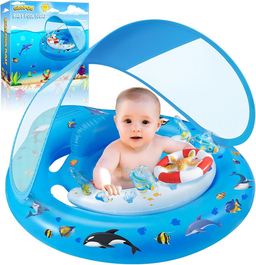 Baby Pool Float with Canopy UPF50+ Sun Protection, Inflatable Kids Pool Floats with Toy Play Console for Baby 6-36 Months, Infant Swimming Float with Adjustable Safety Seat for Boys Girls (Blue)