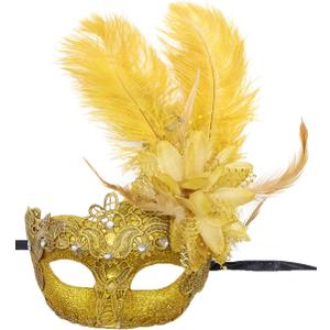Awlsyj Women's Feather Masquerade Mask Venetian Halloween Mardi Gras Costumes Party Ball Prom Mask (Gold Lace)