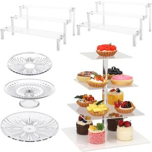 Dessert Cake Stands Set, Dessert Table Display Set:2 Display Risers 1 Pcs 4 Tier Cupcake Tower and 3 Clear Round Dessert Trays Cake Table Holder for Wedding Baby Shower Decor