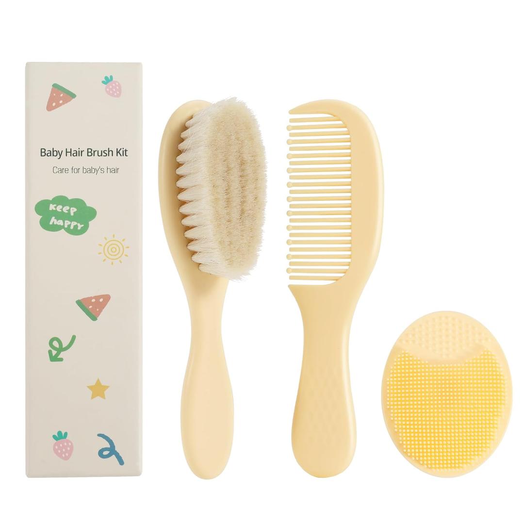 SIMPOR 3PCS Baby Hair Brush and Comb Set for Newborns, Yellow Natural Soft Goat Bristles and Silicone Cradle Cap Brush, Baby Hair Comb Care Kit with Toddlers