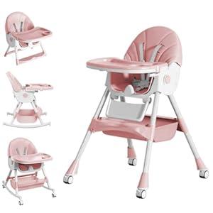 Baby High Chair, 5 in 1 High Chairs for Babies and Toddlers, Travel Foldable High Chair with Foot Rest, Detachable PU Cushion, Double Removable Tray, Adjustable Height & Recline, Locking Wheels