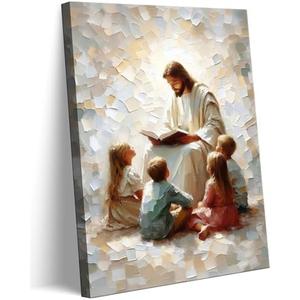 Jesus Teaching Kids Canvas Wall Art Christian Children Room Wall Decor Picture Children Of God Watercolor Poster Print for Kids room living room bedroom home decoration Ready To Hang