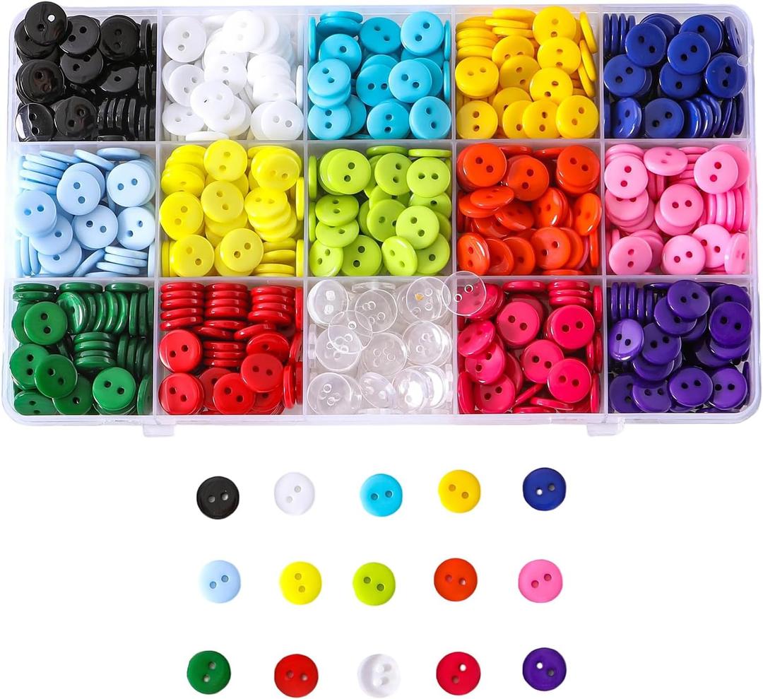 Resin Sewing Buttons, 2-Hole Flatback Design, 15 Colors with Storage Box, Smooth Waterproof Surface for DIY Crafts (9mm,10mm,12.5mm,15mm,20mm,25mm) (Mixed Color, 13/32 inch(10mm)-1050pcs)