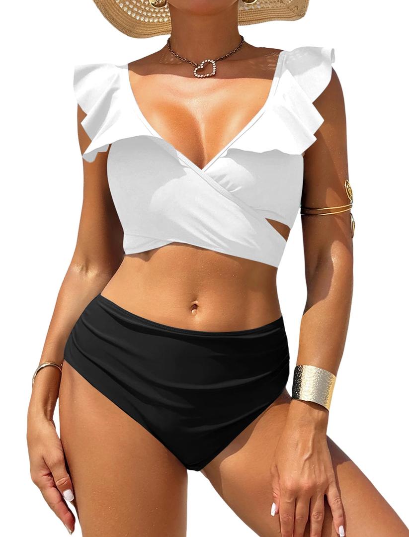 ZAFUL Women High Waisted Bikini Sets Two Piece Tie Back Ruffle Swimsuit Cross Cutout Ruched Bathing Suit 2025 White,L (L)