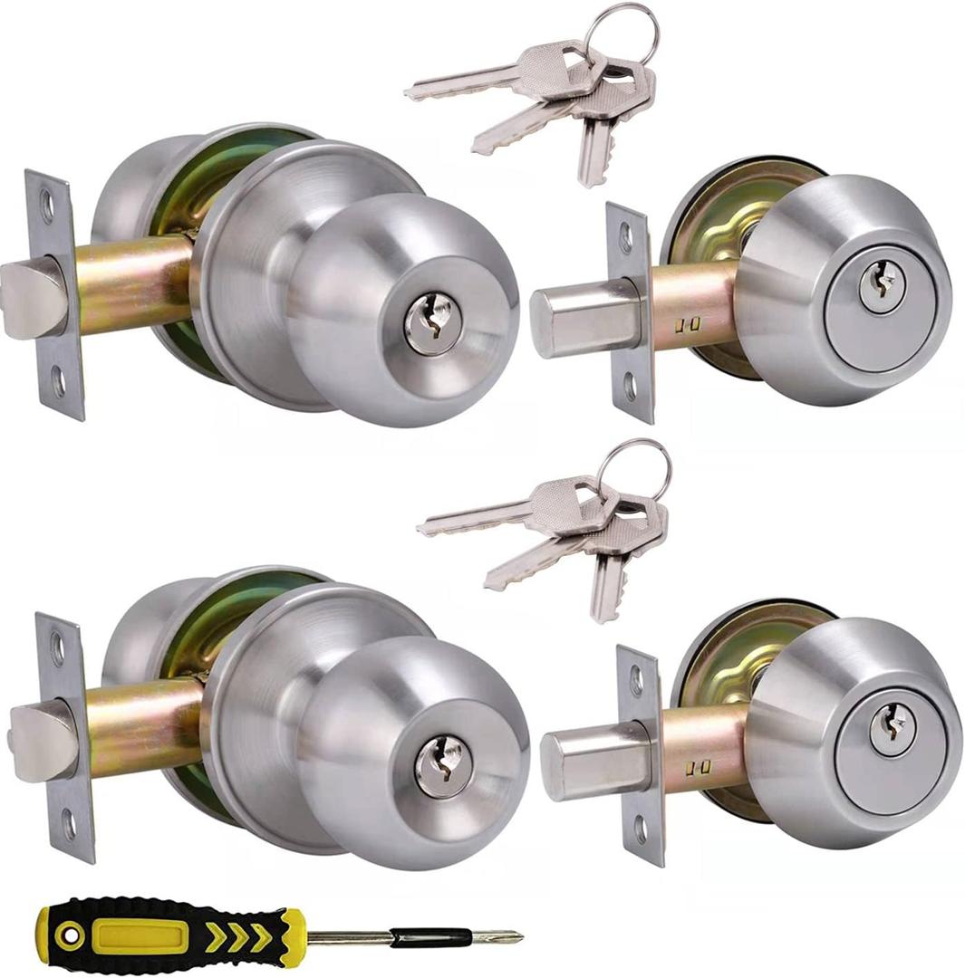 2 Sets All Keyed Same Entry Door Knob and Single Cylinder Deadbolt Combo Set, Round Ball Satin Nickel Exterior Door Knobs with Lock and Keys for Entrance and Front Door (2 Pack, Keyed Deadbolt Lockset-Keyed Alike)