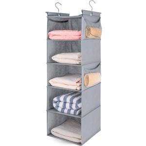 MAX Houser 5 Shelf Hanging Closet Organizer,Space Saver, Closet Hanging Shelves with (4) Side Pockets,Foldable,Light Grey