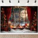 Avezano 8x6 ft Christmas Photo Backdrop Window Full Moon Night Background Red Curtain Christmas Eve Holiday Portrait Backdrop Photo Studio Props