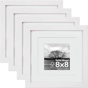 Egofine 8x8 Picture Frames 4 PCS - Made of Solid Wood Covered by Plexiglass for Table Top Display and Wall Mounting Photo Frame for Pictures 4x4/6x6 with Mat White