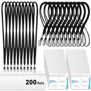 Marspark 200 Sets Clear Name Tags with Lanyard, Lanyards for ID Badges Reusable Strap with ID Holder Plastic Name Badges for Adults Business School Church Conference (Black)