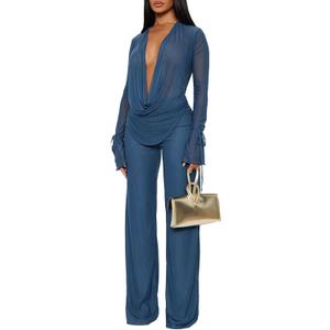Women's Sexy 2 Piece Outfits Mesh See Through Deep V Neck Top and Long Pants Set Going Out Club Outfit (Medium, Blue)