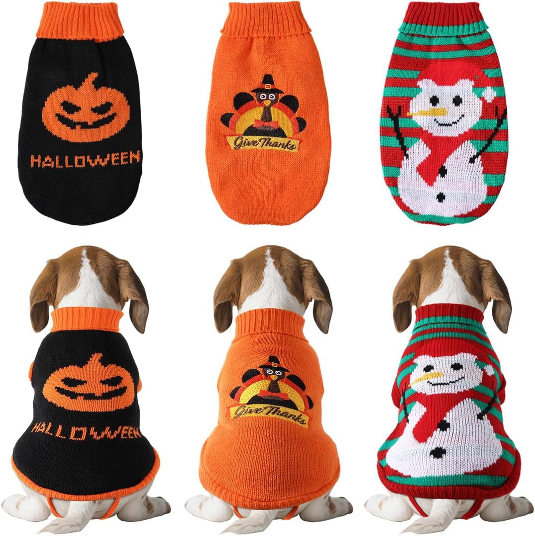 3 Pack Halloween Thanksgiving Christmas Dog Cat Sweaters Sets Dogs Fall Clothes Pumpkin Turkey Snowman Dog Cat Knit Sweaters Pets Costumes for Holiday Dogs Cats Pets(Small)