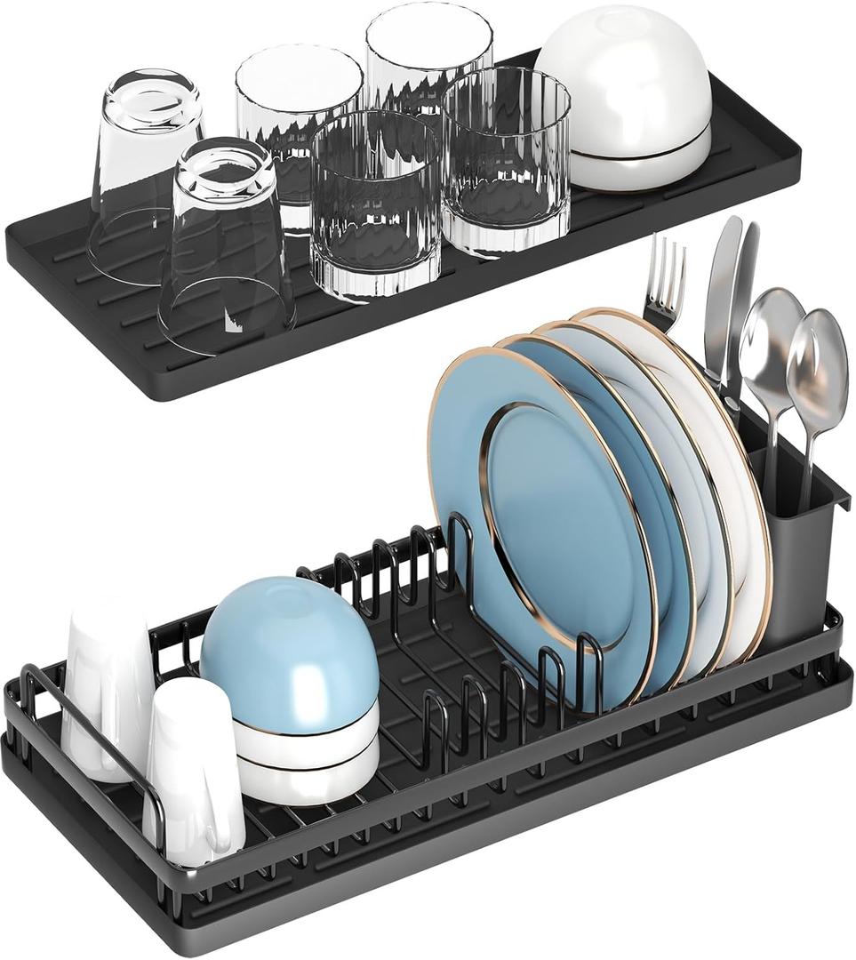 Small Dish Drying Rack, Compact Sink Dish Drainer Plate Organizer with Utensil Holder and 2pcs Silicone Drying Mats for Kitchen Counter, RVs, Apartments (Small Rack-2mats)