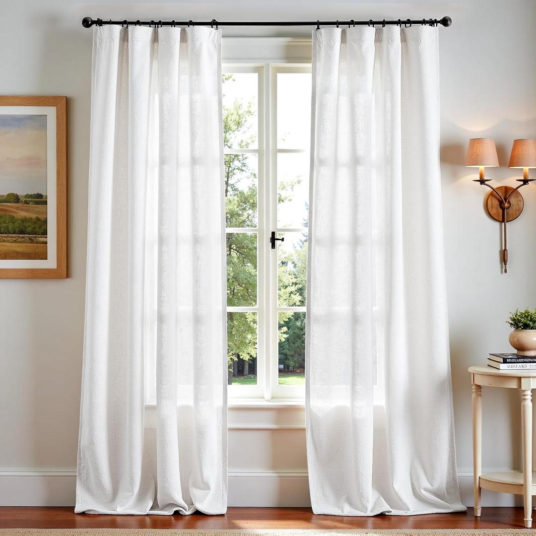jinchan Linen Blend White Curtains 96 Inches Long for Living Room Farmhouse Rod Pocket Back Tab Light Filtering Window Drapes for Bedroom Curtains Off White 2 Panels