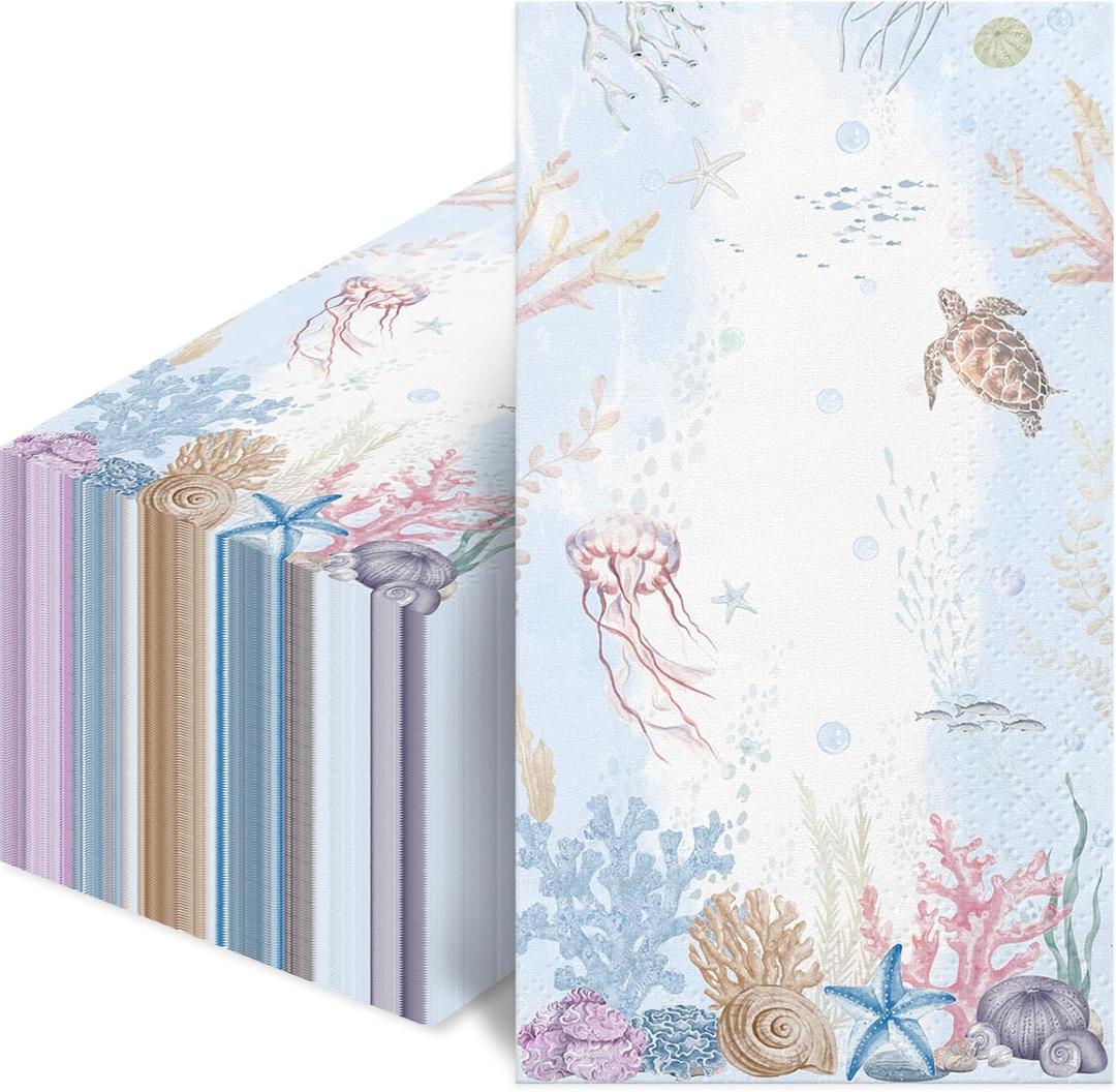 100 Pcs Coastal Turtle Paper Napkins, Sea Blue Decorative Nautical Napkins for Bathroom, Summer Paper Guest Towels for Bathroom, Disposable Paper Hand Towels for Wedding Dinner Parties