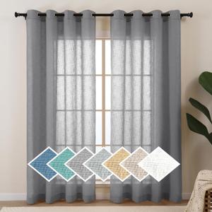 L.Z.E Dark Grey Sheer Curtains for Living Room, 108 Inches Long, Light Filtering Elegant Faux Linen Curtains, Burlap Textured Grommet Window Drapes for Bedroom Dining Room Farmhouse, Set of 2 Panels