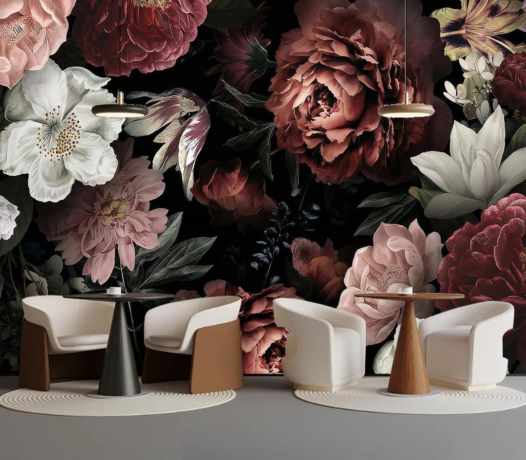 80" x 61" Moody Dark Floral Peony Butterfly Wallpaper Canvas material vintage dark floral rose wallpaper easy peel and stick removable waterproof durable home decor