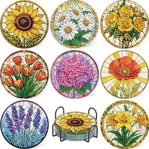 8 Pcs Flower Diamond Art Coasters Kit for Adults, Flowers Diamond Painting Coasters with Holder, 5D Gem Art DIY Crafts Diamond Dots for Gift Life