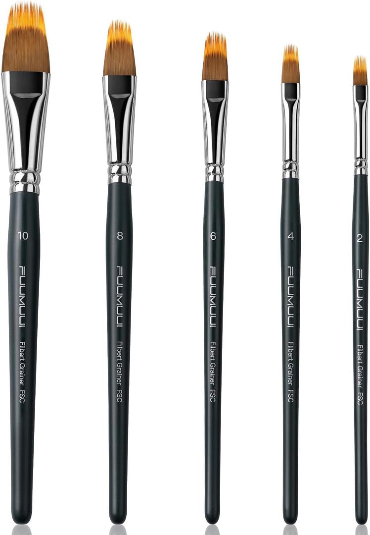 5Pcs Dual-Layer Grainer Paint Brush Set Fuumuui Texture Comb/Filbert Brushes for Grass, Fur, Trees, Landscape Synthetic Bristles for Watercolor, Acrylic, Painting Artist Tool