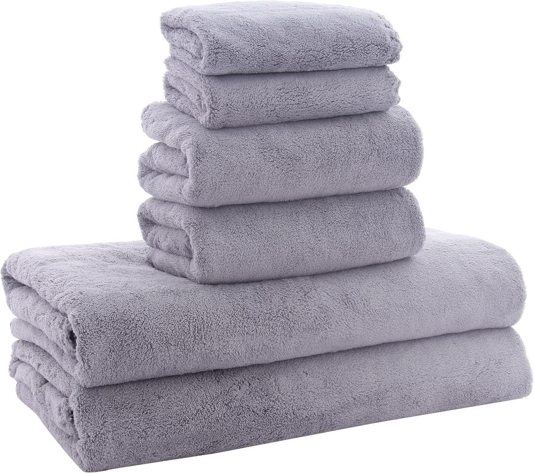 MOONQUEEN Ultra Soft Towel Set - Quick Drying - 2 Bath Towels 2 Hand Towels 2 Washcloths - Microfiber Coral Velvet Highly Absorbent Towel for Fitness, Bathroom, Sports, Yoga, Travel-Grey 6 Pcs