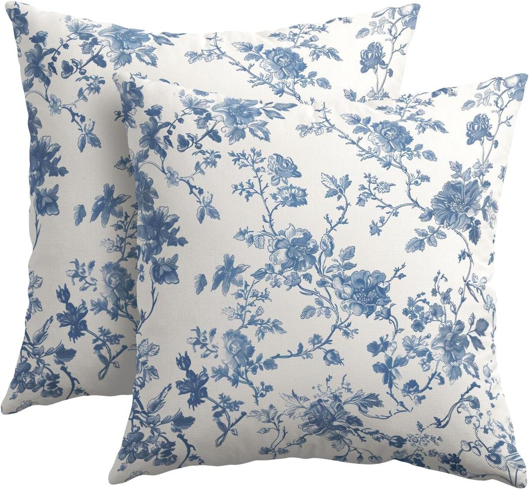 Kawani Blue Floral Pillow Covers 20x20 Inch Set of 2 Blue and Cream Chinoiserie Flower Outdoor Decorative Throw Pillows Vintage Rustic Toile Pillowcases Cushion Covers for Couch Home Decor
