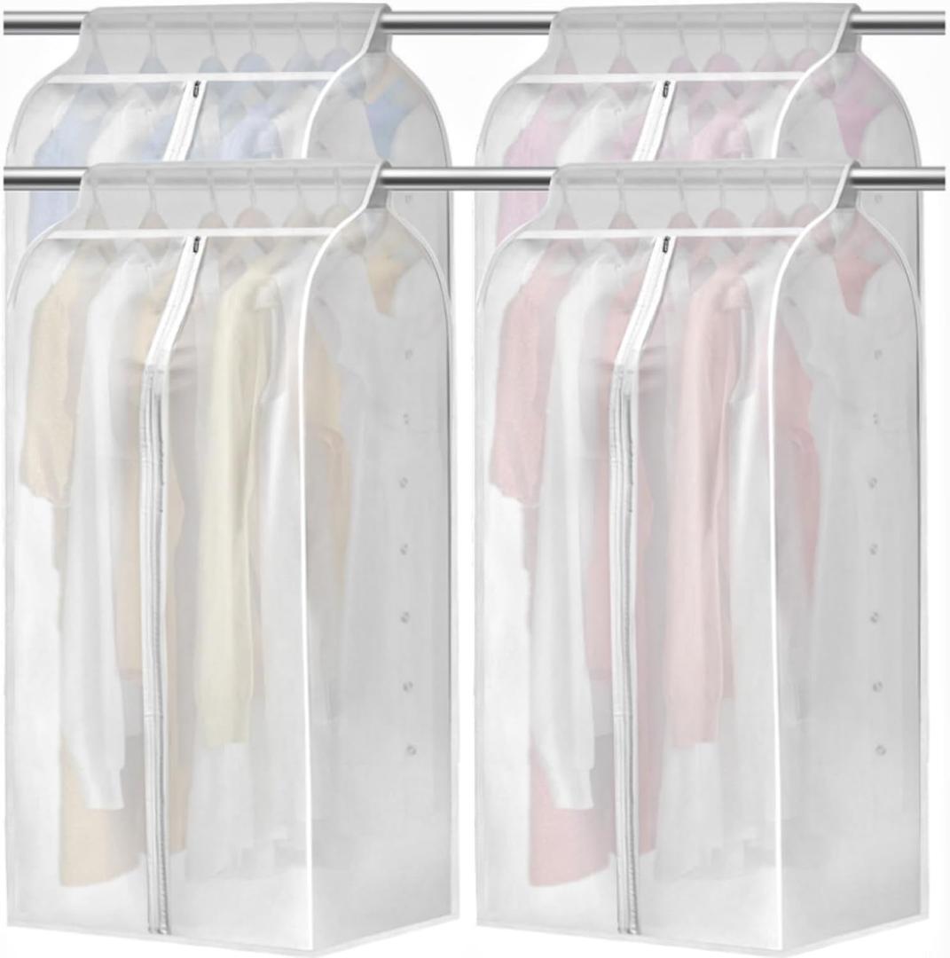 4 Pack Hanging Garment Bags, 43" 35" Long Large Closet Clothes Protector with Zipper, Plastic Jackets Storage Rack Cover for Shirt Suits Coat Dress, Bottom Enclosed (Rack not included)