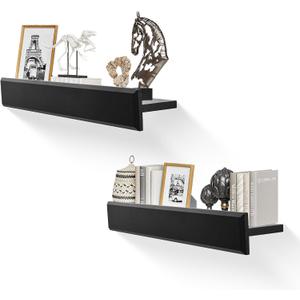 24 Inch Picture Ledge Shelf with Lip,Floating Shelves for Wall, Set of 2 Solid Pine Wood Shelves with Invisible Brackets, Wall Storage for Living Room, Bedroom, Kitchen, Bathroom(Black)