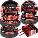 200Pcs Red and Black Birthday Party Tableware Set - Confetti Sprinkles, Happy Birthday Supplies - Red and Black Paper Plates and Napkins, Forks for 50 Guests