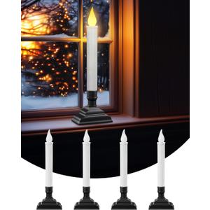 SURAIELEC 4 Pack Battery Operated Window Candles, Dusk-to-Dawn Window Lights with Removable Candle Holders, LED Flameless Candlesticks for Christmas Window, Mantel, Dining Table, Matte Black