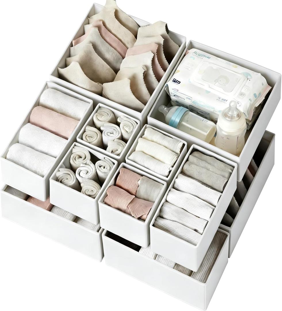 Criusia Drawer Organizer Clothes 12 Pack - Fabric Closet Organizers and Storage for Nursery Organization - Dresser Drawer Dividers for Baby Clothes/Socks/Underwear/Bras - College Dorm Room Essentials (White)