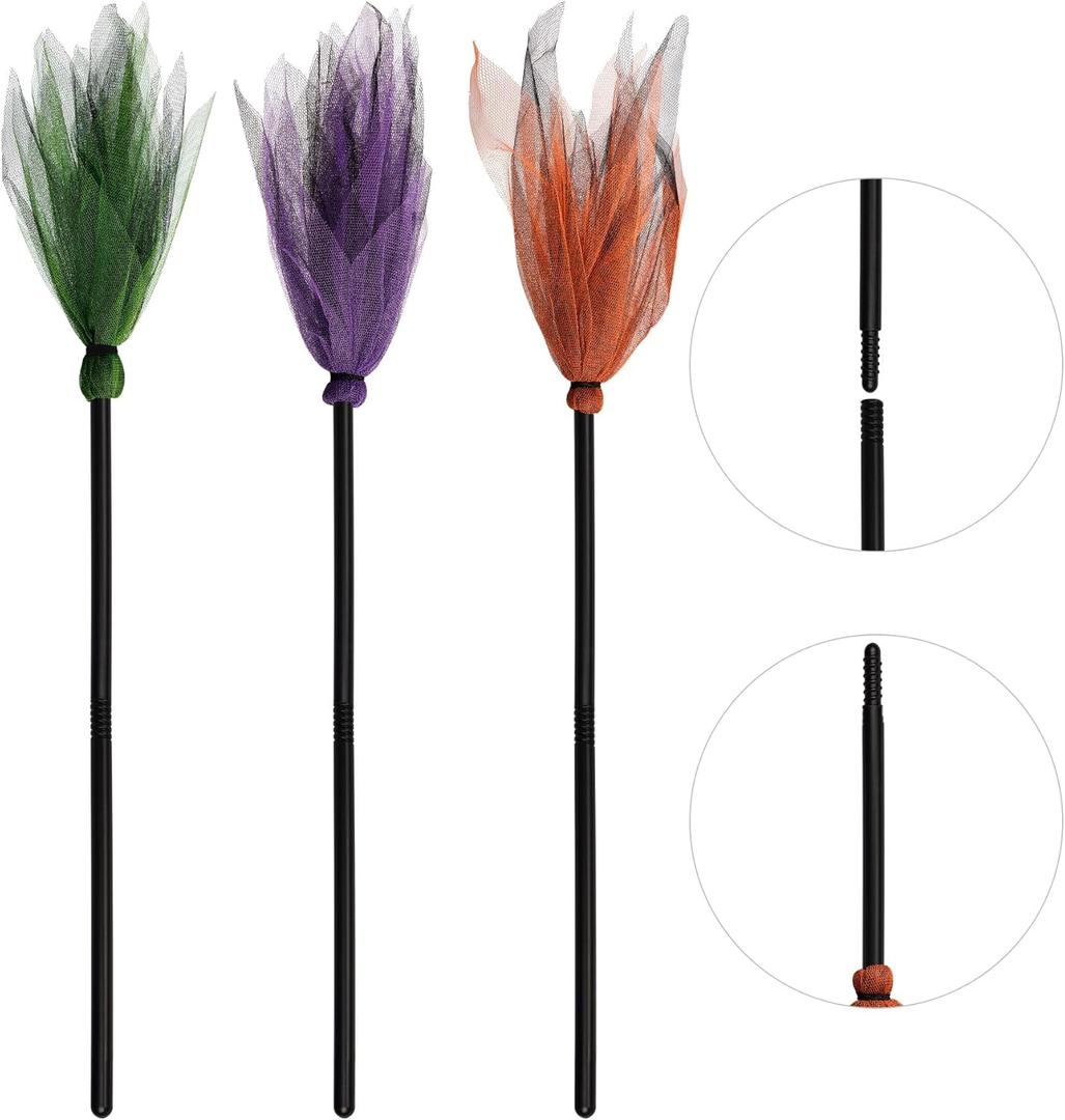 3 Pcs Halloween Witch Broom Plastic Witch Broomstick Broom Cosplay Props for Halloween Costume Haunted House Decoration, Masquerade Show Dress Up Party Supplies (Green, Purple, Orange)