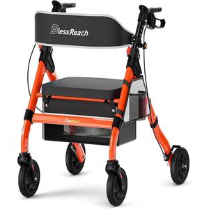 HAUSPROFI Foldable Rollator Walkers with Seat for Seniors, 8" Big Wheels, 450 lb Capacity, 18" Big Seat, 6-Position Adjustable Height, Heavy-Duty Aluminum Rolling Walker(Orange, 18 Zoll)