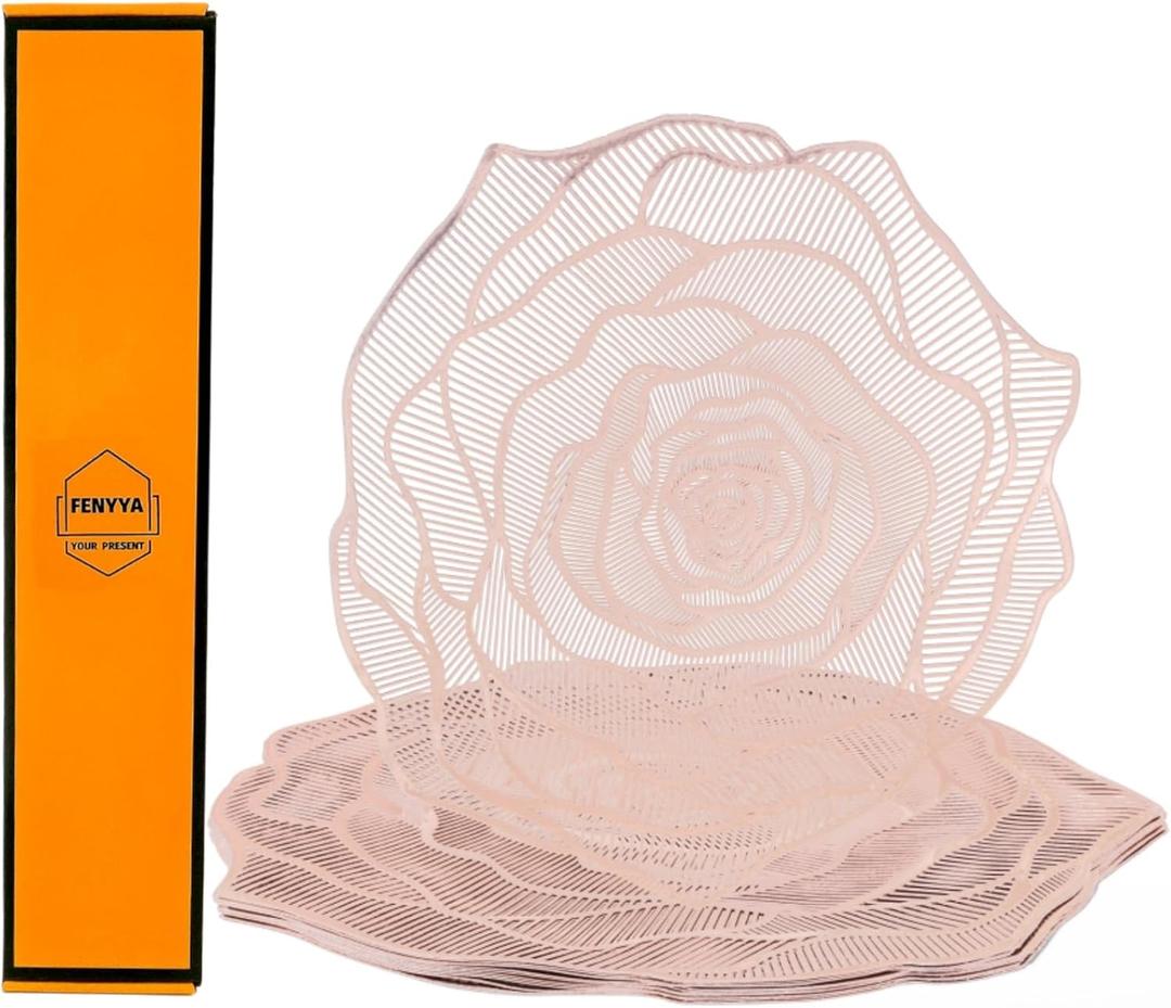 Placemats Set of 12, Rose Gold Rose Flower Place Mats, Vinyl Heat Resistant Non-Slip Washable Dining Table Mats for Holiday Party Home Wedding Dining