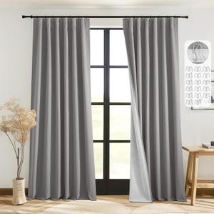 StangH Grey Room Darkening Curtains for Bedroom, Thermal Insulated Burlap Window Drapes 96 inch Long Back Tab Hook Belt 100% Black Out Curtains for Sliding Door Office, W52 x L96, 2 Panels