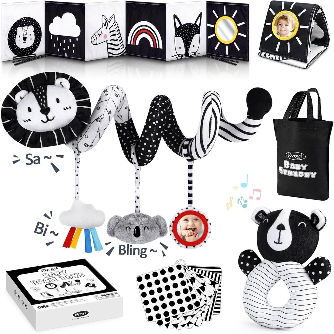 Joyreal High Contrast Baby Toys for Newborn, Black and White Baby Sensory Toys with Car Seat Toys,Infant Toys with Black White Cards Book, Montessori Toys for Baby Gifts