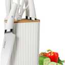 Kitchen Knife Set, 6-Pieces White Stainless Steel Sharp Knife Set with Universal Knife Block, Anti-Rust Non-Stick Sharp Chef Knife Block Set with Sharpener Scissor for Kitchen Cutting (Cream White)