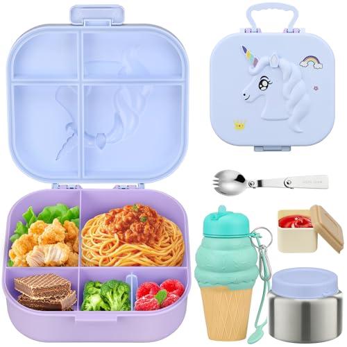 Aimsnk Magical Fantasy Lunch Box Set for Kids - 12oz Insulated Food Jar, Collapsible Space Cup & Utensils,Thermal Bag & Leakproof Bento Containers with Cutlery (BPA Free) - Ages 3-10 (Blue-Gradient)
