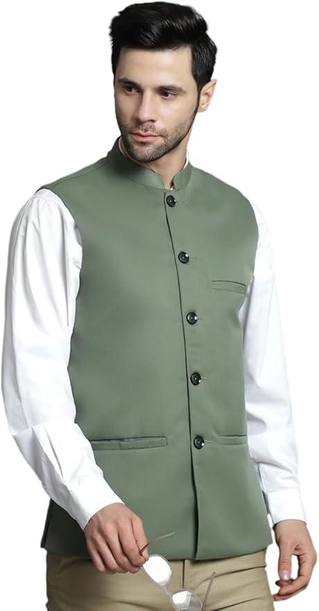 Maple Clothing Men's Modi Jacket Traditional Indian Sleeveless Mandarin Neck Waistcoat Vest (Green, M)