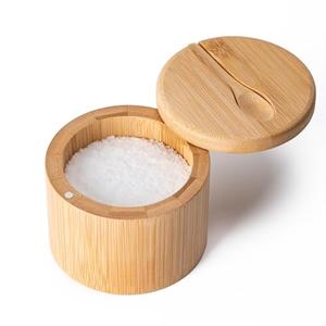 Husfunov Bamboo Salt Cellar, Salt Box with Magnetic Swivel Lid, Spice Box with Spoon, Round Salt Container for Storing Salt Pepper Sugar Herbs,6 Ounce Capacity, Set of 2