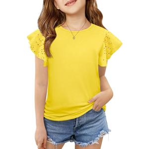 ZDC Girls Ruffle Sleeve T Shirts Summer Crewneck Eyelet Tee Short Sleeve Tops Casual Cute Blouse  (Yellow, L)
