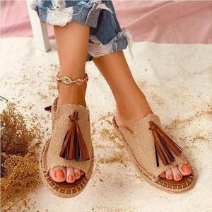 Sandals Women Flat Sole Tassel Slipper Summer Beach Front Slip On Sandals Bohemia Fashion Casual Open Toe Non-Slip Flip Flop  6.5